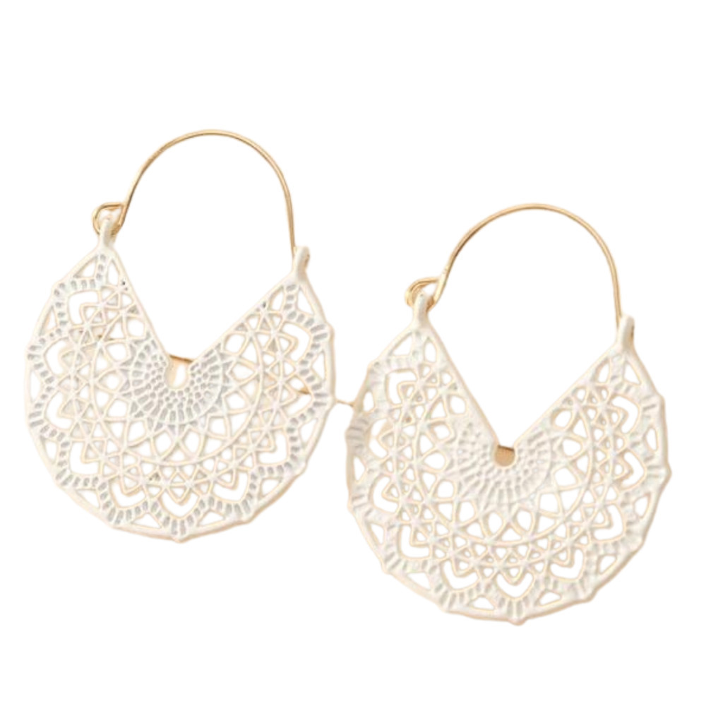 White Hoop Earrings Floral White Basket Hoops Cut out Dangle Earrings Scroll NWT - Picture 6 of 13